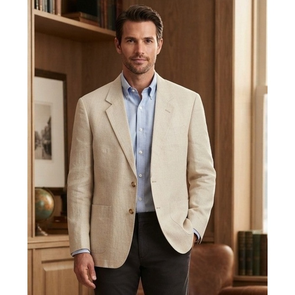 Structure Linen Sport Coat Blazer Jacket Men's M Beige 2 Button Notched Collar